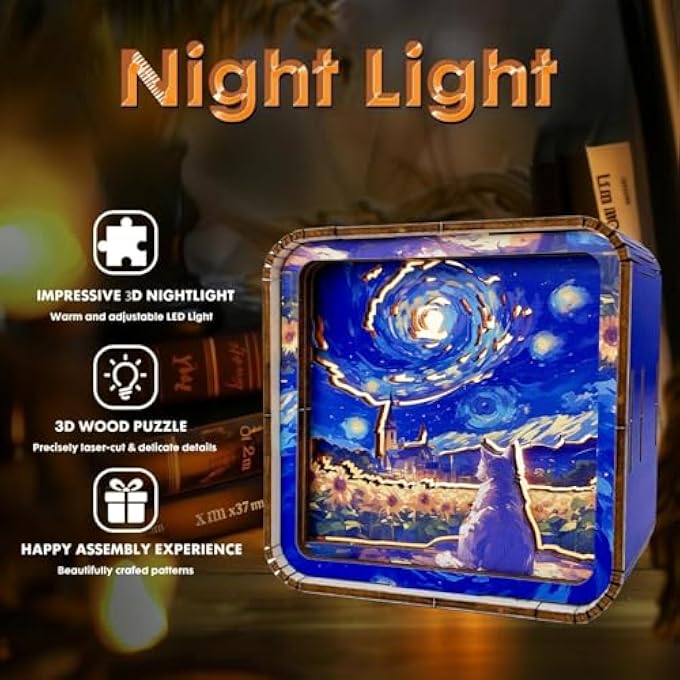 DIY 3D WOODEN PUZZLE NIGHTLIGHT LAMP WITH USB RECHARGEABLE BATTERY, CREATIVE CRAFT KIT AND INTERACTIVE ART LIGHT FOR ADULTS, UNIQUE STAR CAT GIFT FOR BIRTHDAY, ANNIVERSARY, FAMILY FUN - Image 2
